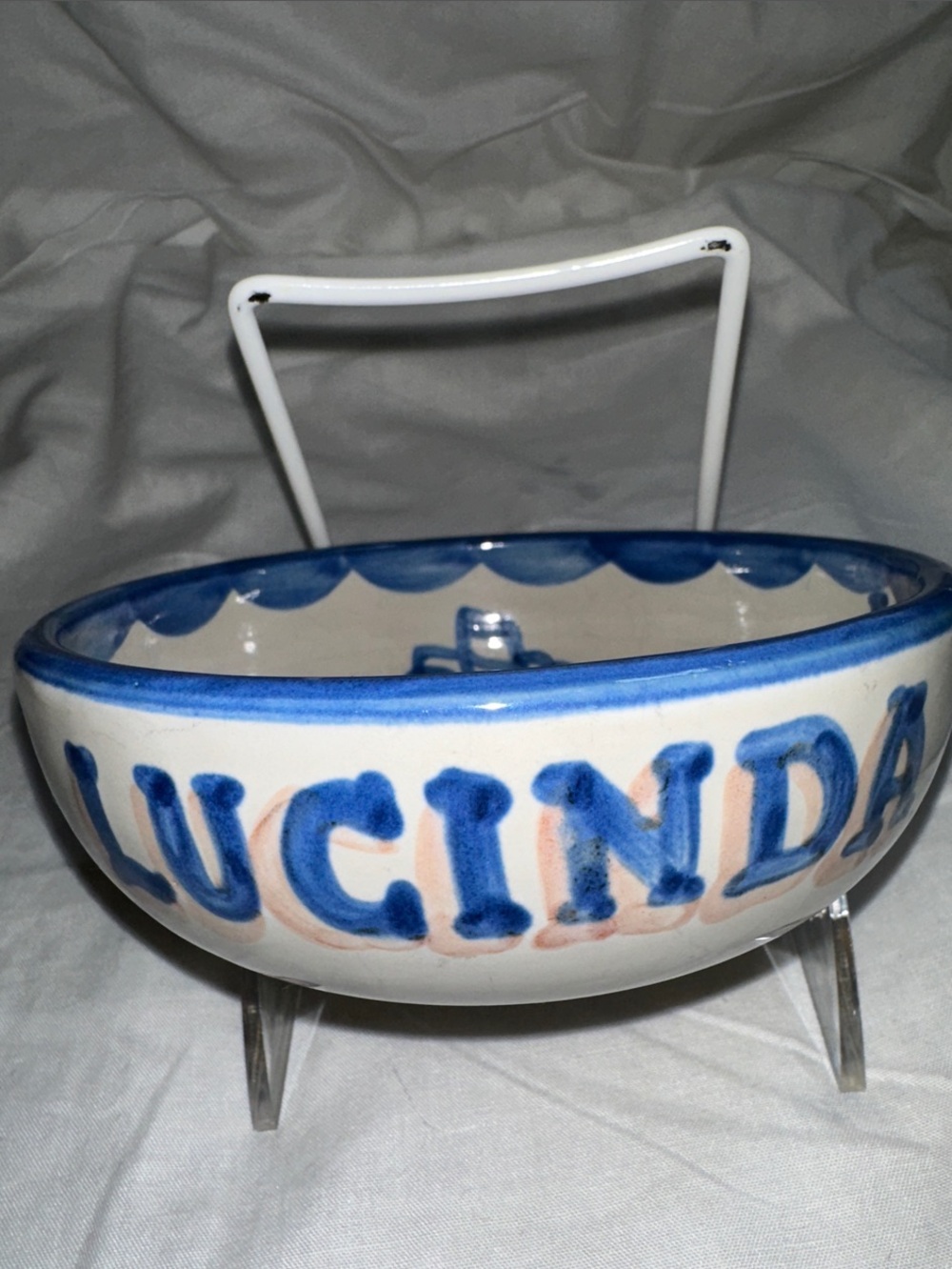 Vintage M.A. Hadley Pottery Personalized LUCINDA All Gone kids cereal Bowl blue